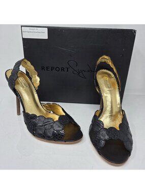 REPORT Signature Cirque Black Leather Slingback Heels Womens 7.5 Open Toe Prom